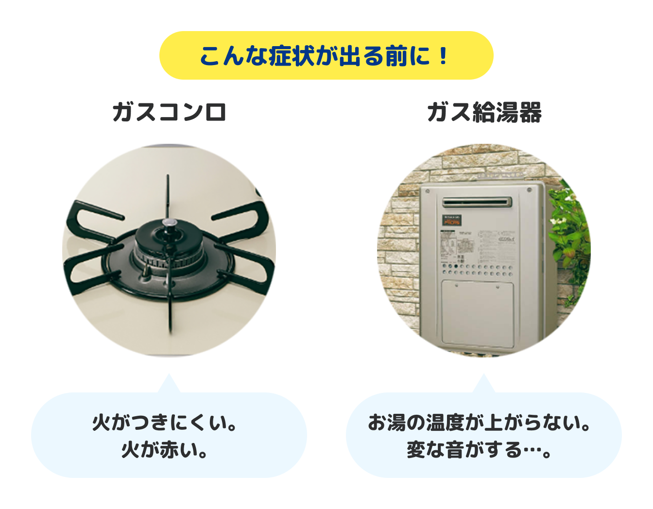 こんな症状が出る前に！ガスコンロの火がつきにくい。火が赤い。ガス給湯器のお湯の温度が上がらない。変な音がする・・・。