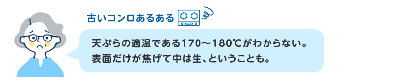 古いコンロあるある 天ぷらの適温である170～180℃がわからない。表面だけが焦げて中は生、ということも。