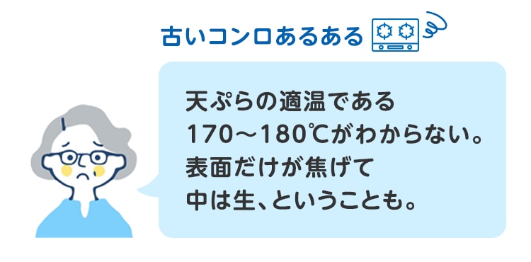 古いコンロあるある 天ぷらの適温である170～180℃がわからない。表面だけが焦げて中は生、ということも。