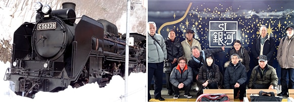 写真左：2014年より復活したSL銀河、写真右：試運転に参加したサッパボイラのみなさん