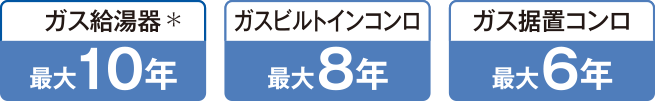 ガス給湯器＊最大10年／ガスビルトインコンロ最大8年／ガス据置コンロ最大6年