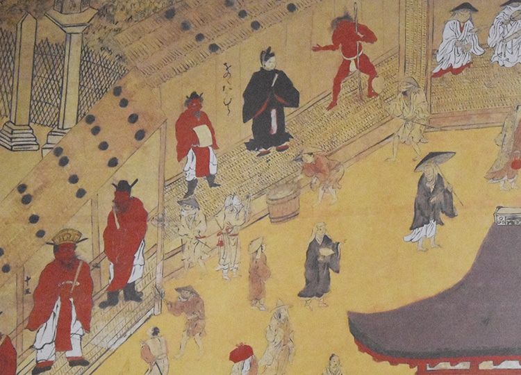 あの世の裁きを描いた絵。左端が閻魔大王で、黒い衣服の人物が小野篁（六道珍皇寺所蔵：珍皇寺参詣曼荼羅図（複製）の一部分）